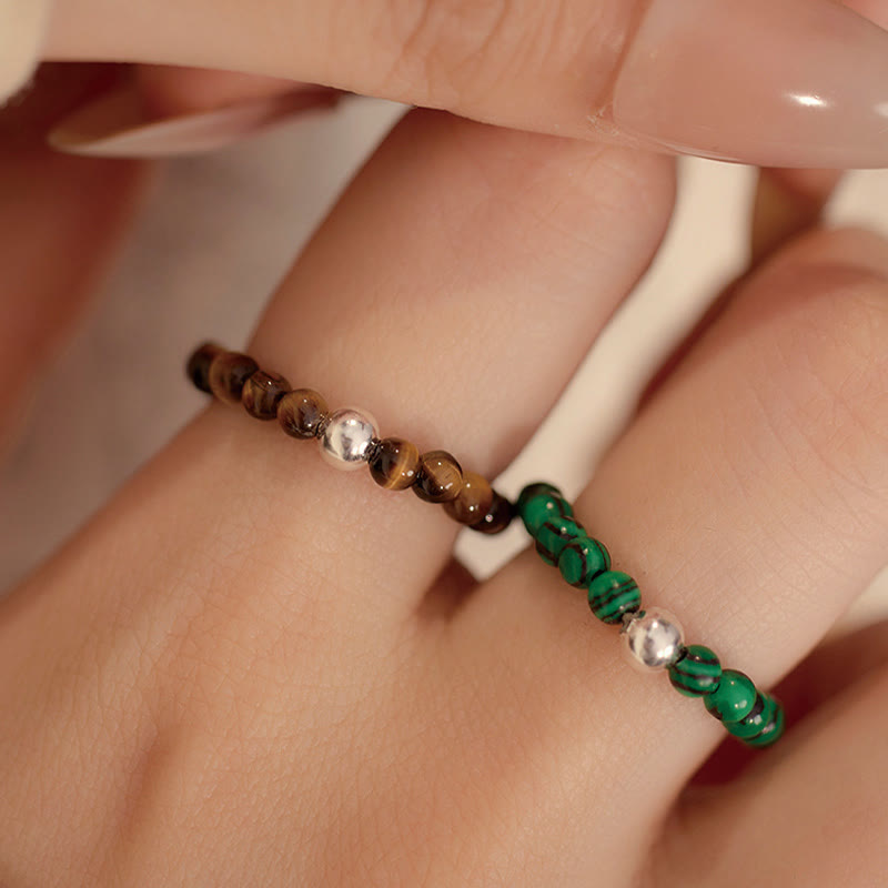 Nimara Ritual 925 Sterling Silver Crystal Beads White Jade Black Onyx Blessing Elastic Ring