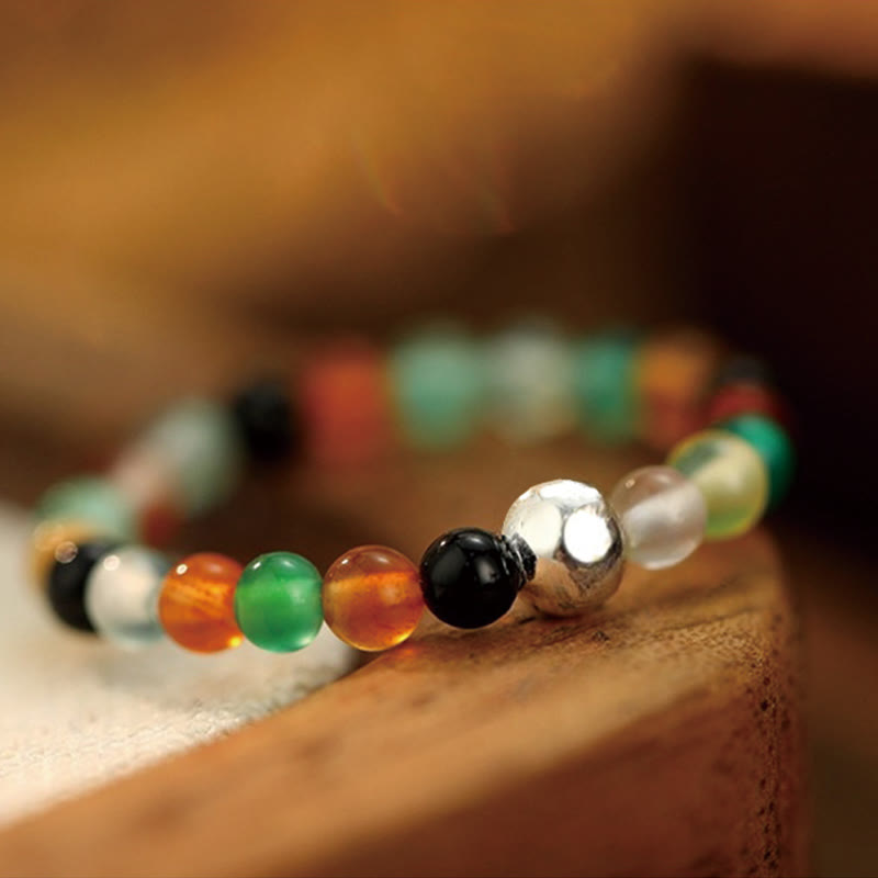 Nimara Ritual 925 Sterling Silver Crystal Beads White Jade Black Onyx Blessing Elastic Ring
