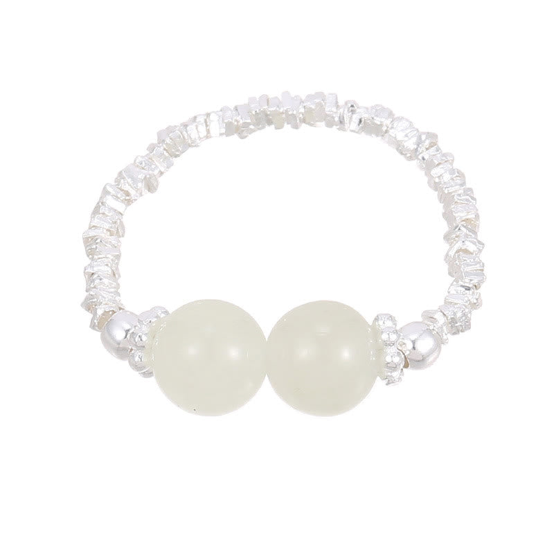 Nimara Ritual 925 Sterling Silver Natural Small Hetian Jade Bead Luck Elastic Ring