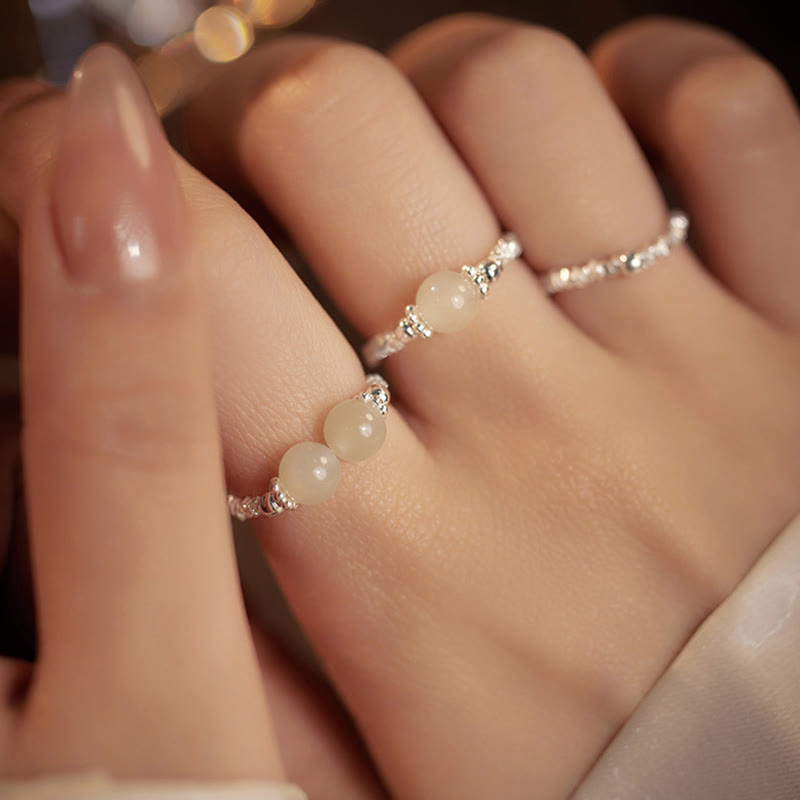 Nimara Ritual 925 Sterling Silver Natural Small Hetian Jade Bead Luck Elastic Ring