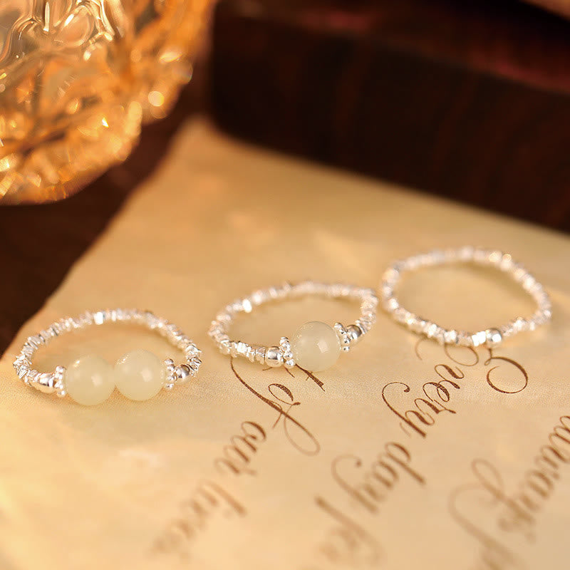 Nimara Ritual 925 Sterling Silver Natural Small Hetian Jade Bead Luck Elastic Ring