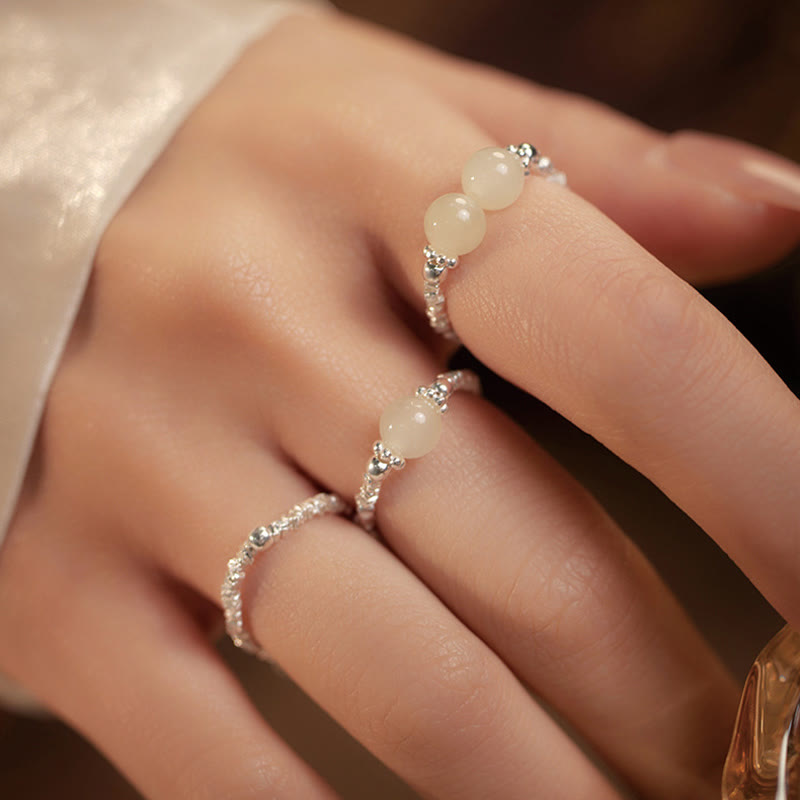 Nimara Ritual 925 Sterling Silver Natural Small Hetian Jade Bead Luck Elastic Ring