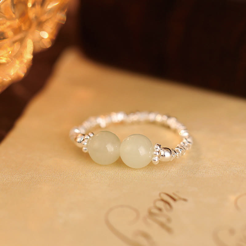 Nimara Ritual 925 Sterling Silver Natural Small Hetian Jade Bead Luck Elastic Ring