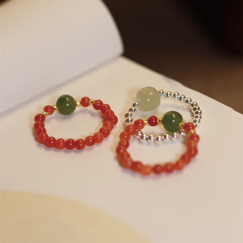 Nimara Ritual 925 Sterling Silver Natural Small Hetian Jade Red Agate Pearl Bead Prosperity Elastic Ring