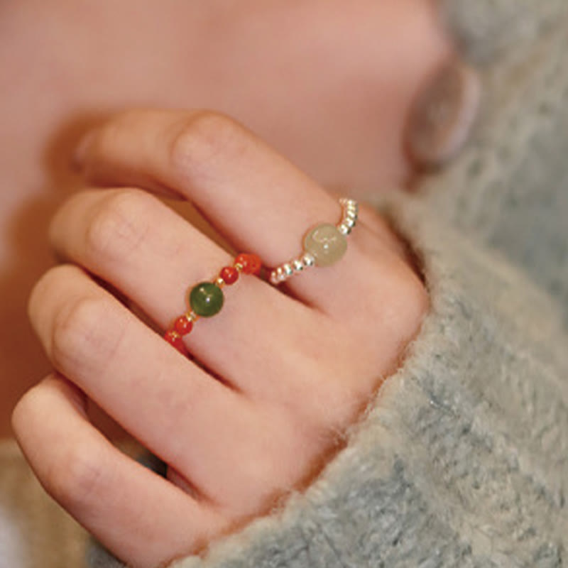 Nimara Ritual 925 Sterling Silver Natural Small Hetian Jade Red Agate Pearl Bead Prosperity Elastic Ring