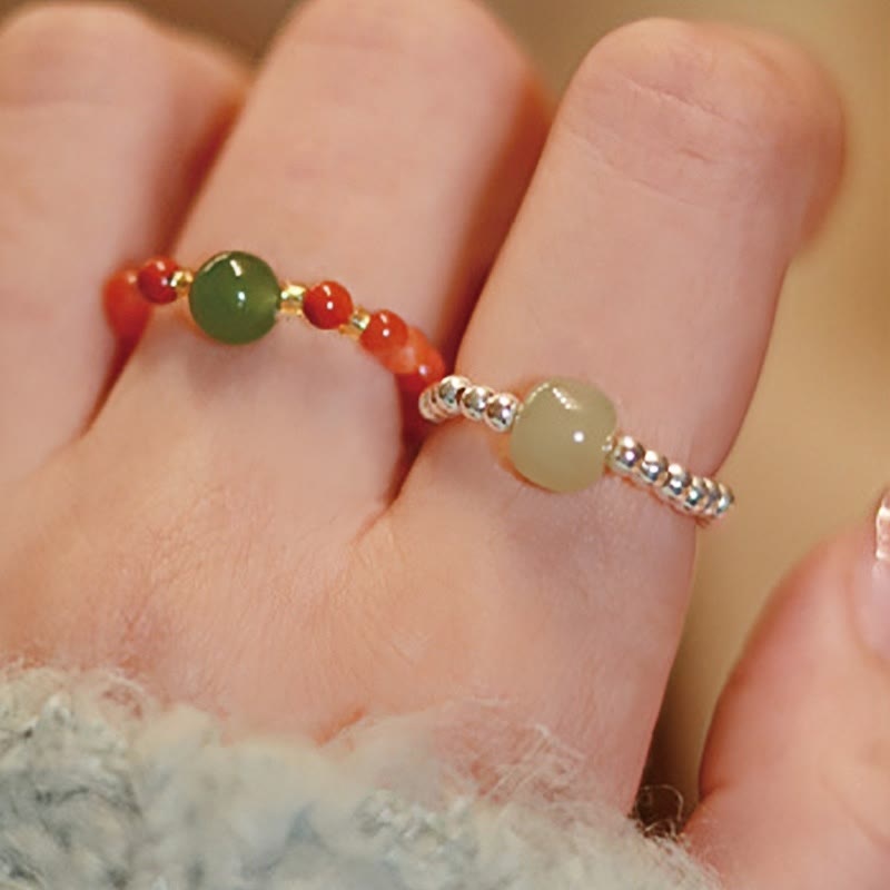 Nimara Ritual 925 Sterling Silver Natural Small Hetian Jade Red Agate Pearl Bead Prosperity Elastic Ring