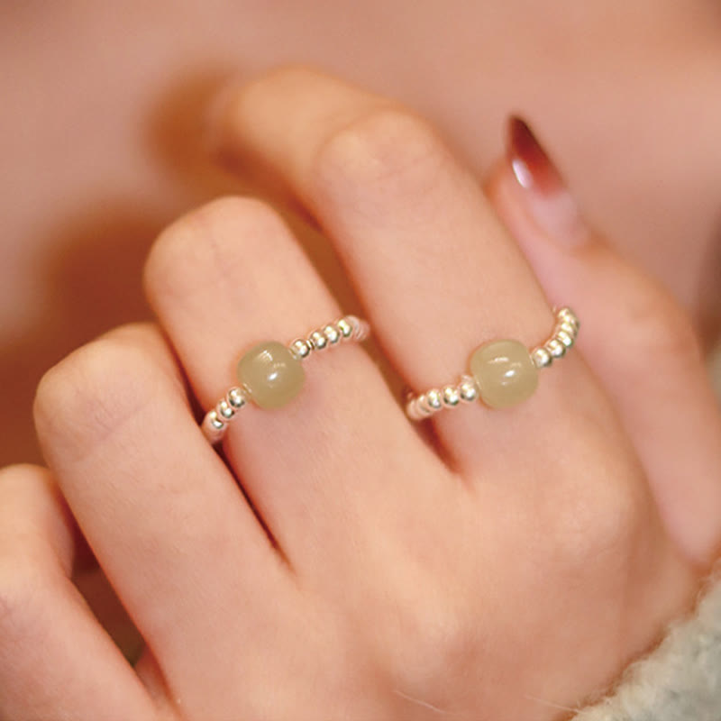 Nimara Ritual 925 Sterling Silver Natural Small Hetian Jade Red Agate Pearl Bead Prosperity Elastic Ring