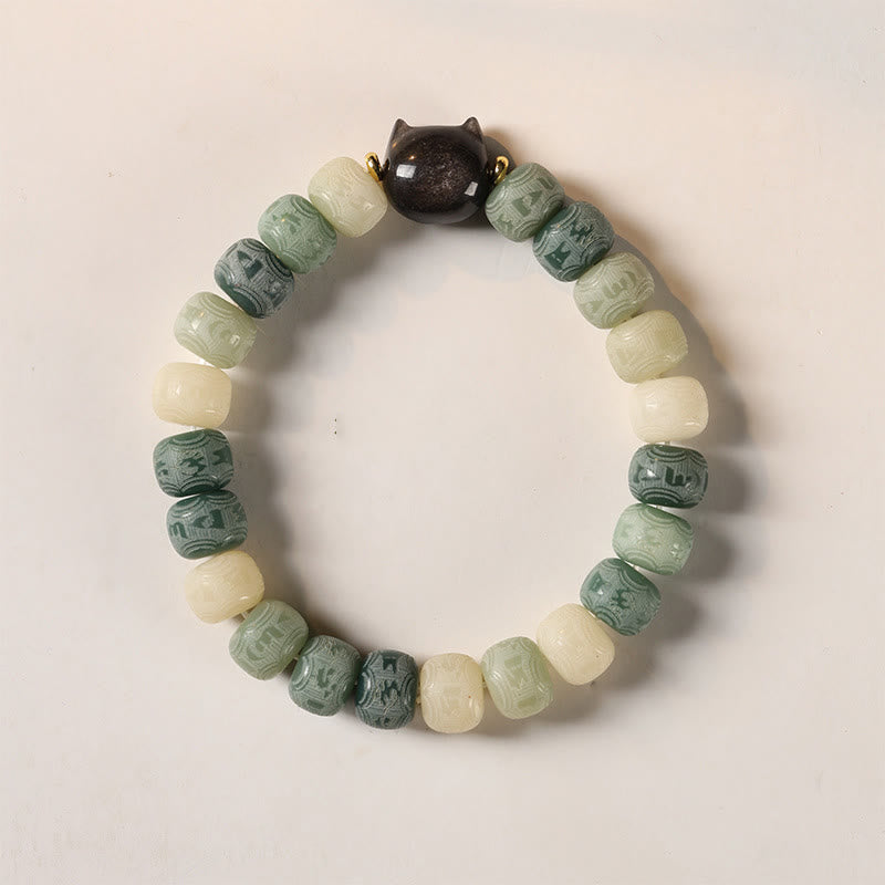 Nimara Ritual Bodhi Seed Om Mani Padme Hum Carved Silver Sheen Obsidian Cat Head Wisdom Bracelet