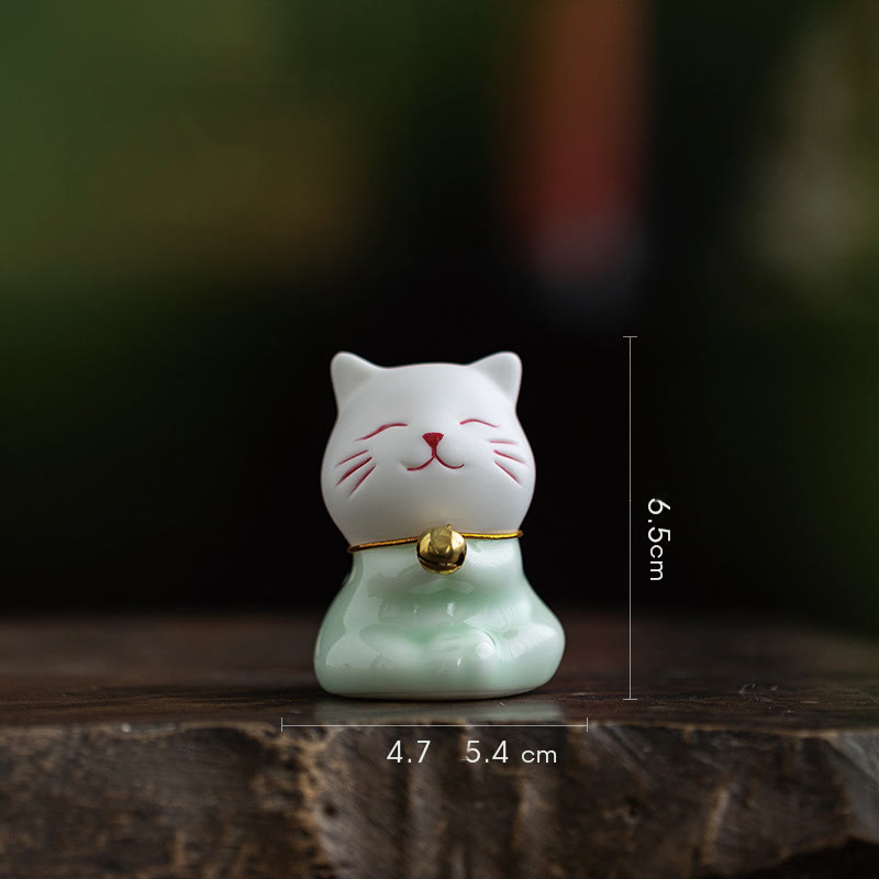 Nimara Ritual Mini Lucky Cute Cat Light Green White Ceramic Figurine Decoration