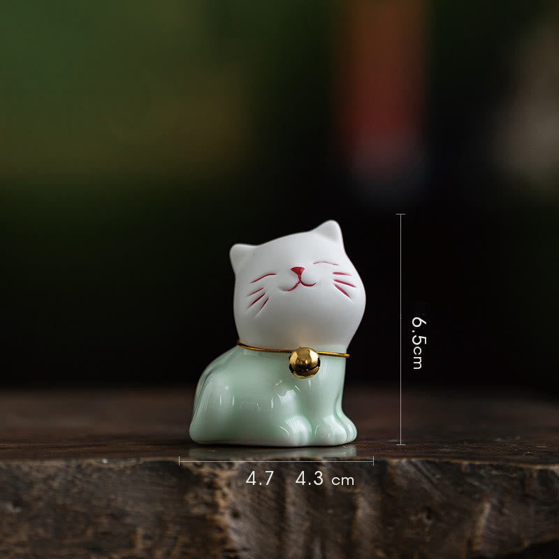 Nimara Ritual Mini Lucky Cute Cat Light Green White Ceramic Figurine Decoration