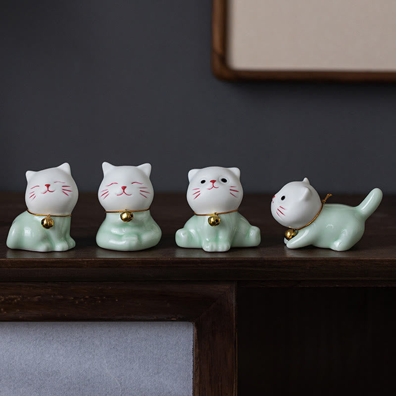 Nimara Ritual Mini Lucky Cute Cat Light Green White Ceramic Figurine Decoration