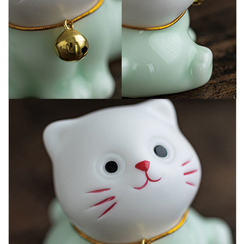 Nimara Ritual Mini Lucky Cute Cat Light Green White Ceramic Figurine Decoration