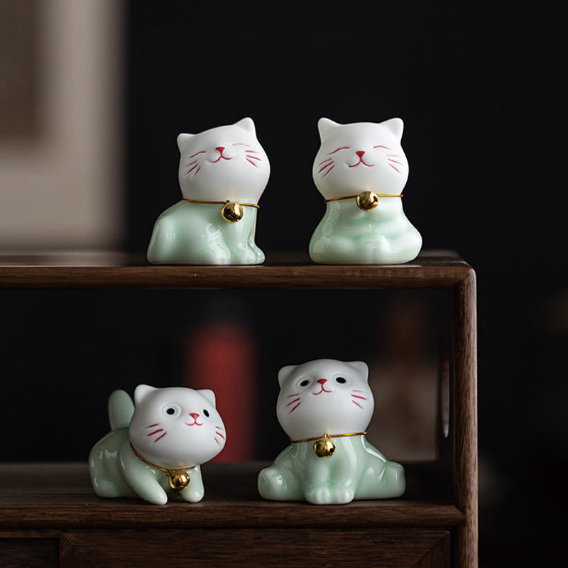 Nimara Ritual Mini Lucky Cute Cat Light Green White Ceramic Figurine Decoration