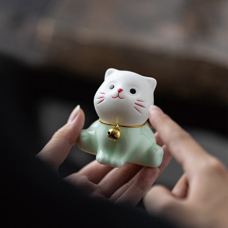 Nimara Ritual Mini Lucky Cute Cat Light Green White Ceramic Figurine Decoration