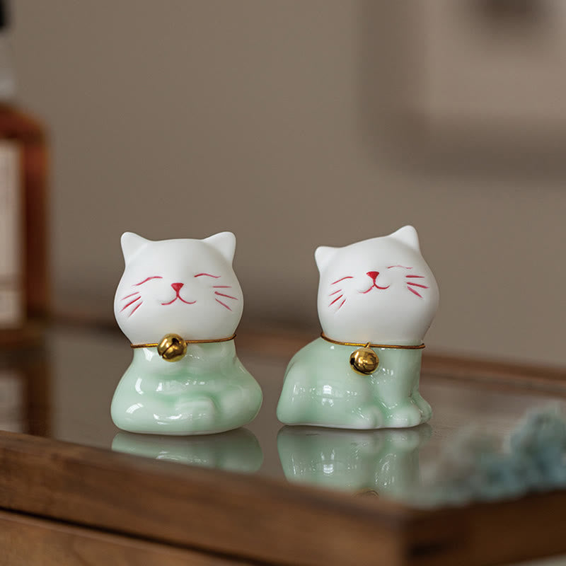 Nimara Ritual Mini Lucky Cute Cat Light Green White Ceramic Figurine Decoration