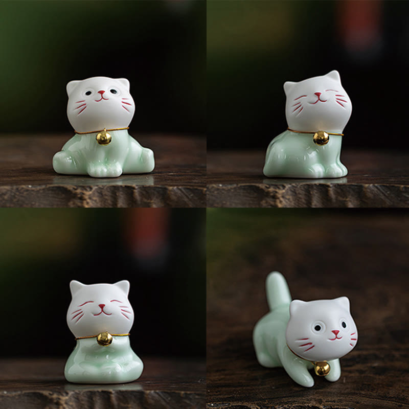 Nimara Ritual Mini Lucky Cute Cat Light Green White Ceramic Figurine Decoration