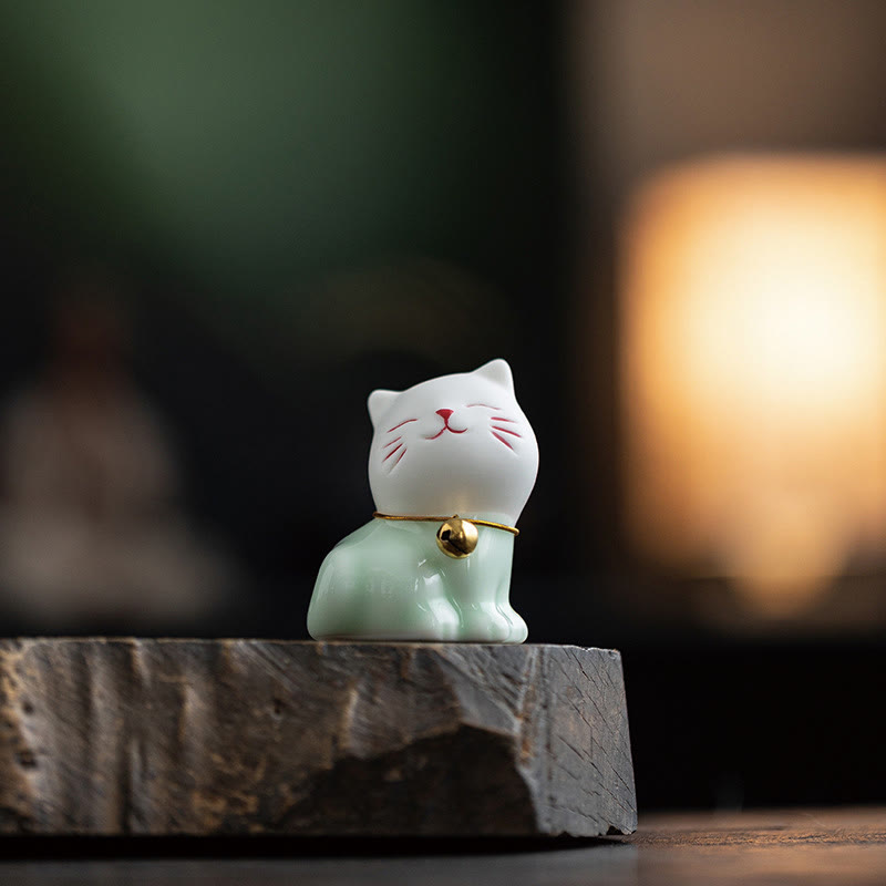 Nimara Ritual Mini Lucky Cute Cat Light Green White Ceramic Figurine Decoration