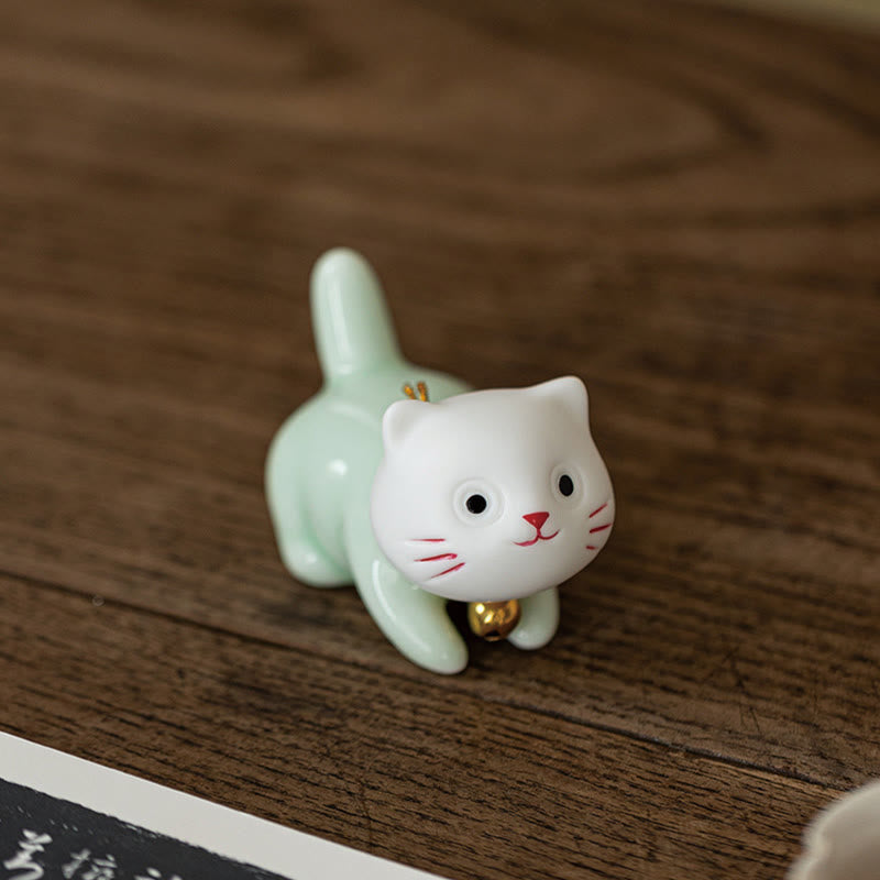 Nimara Ritual Mini Lucky Cute Cat Light Green White Ceramic Figurine Decoration