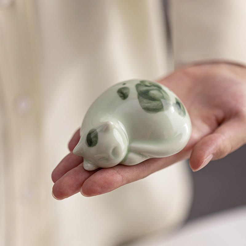 Nimara Ritual Mini Lucky Cute Spotted Standing Cat Sleeping Kitten Ceramic Figurine Decoration