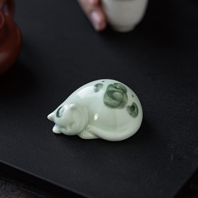 Nimara Ritual Mini Lucky Cute Spotted Standing Cat Sleeping Kitten Ceramic Figurine Decoration