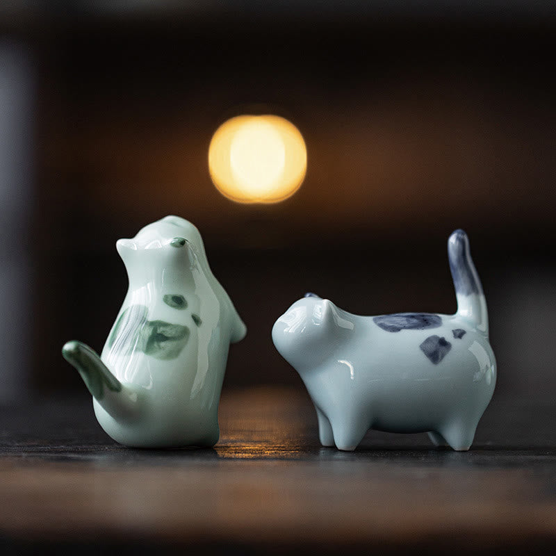 Nimara Ritual Mini Lucky Cute Spotted Standing Cat Sleeping Kitten Ceramic Figurine Decoration