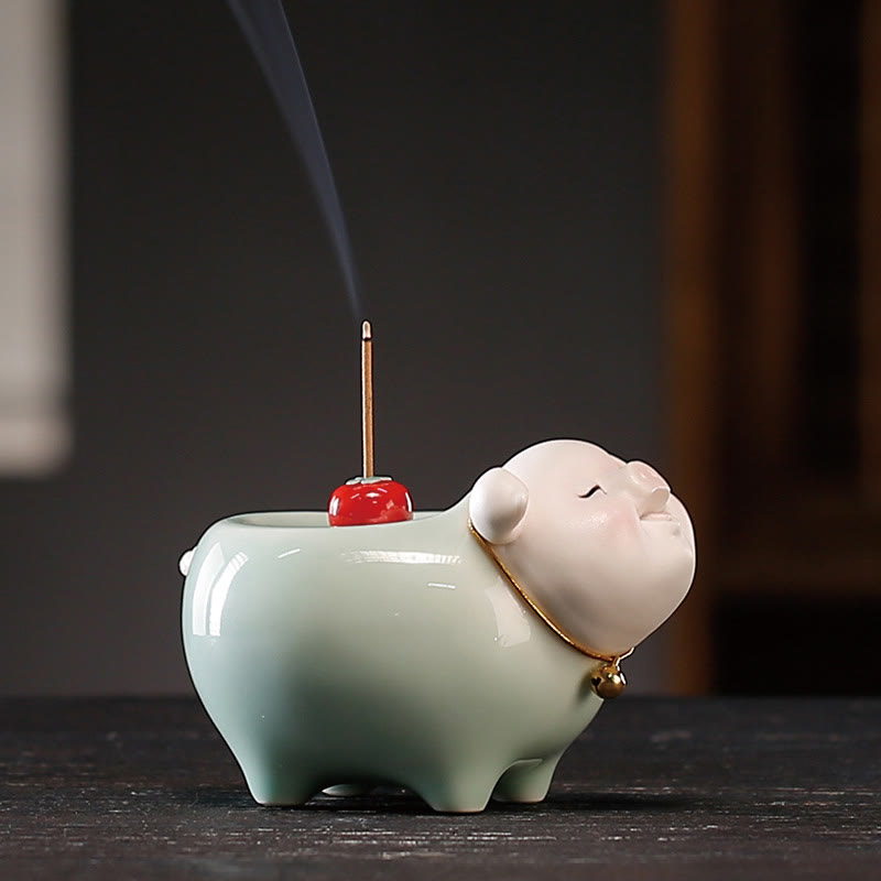 Nimara Ritual Ceramic Little Pig Blessing Stick Incense Burner