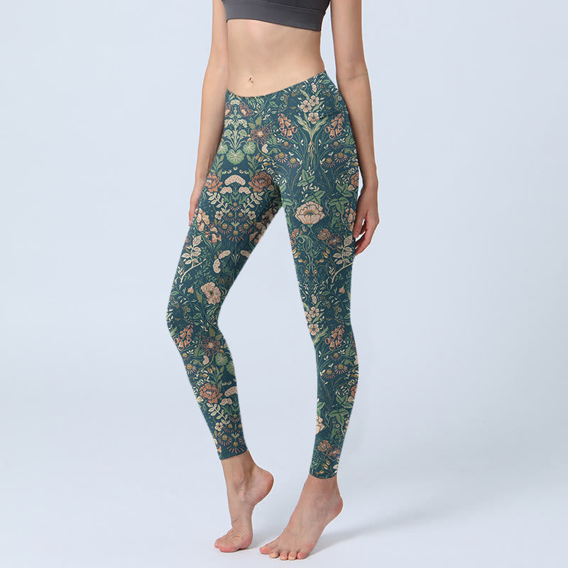 Nimara Ritual Green Stitching Flowers Vines Pattern Print Gym Leggings Women's Yoga Pants