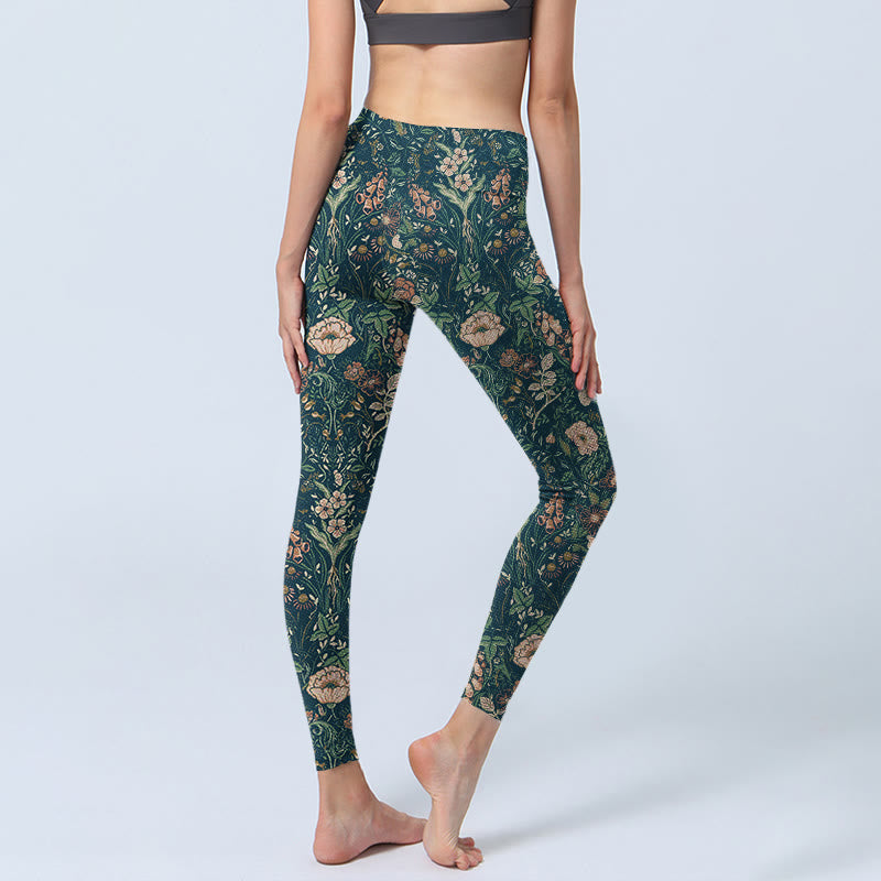 Nimara Ritual Green Stitching Flowers Vines Pattern Print Gym Leggings Women's Yoga Pants