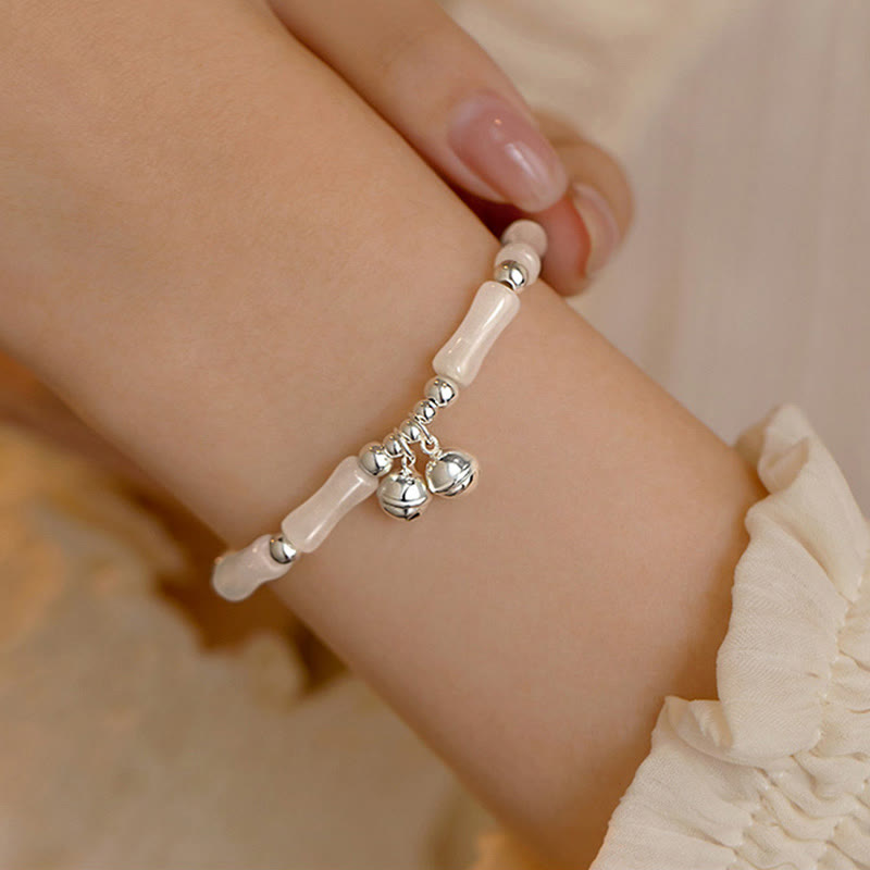 Nimara Ritual 925 Sterling Silver Natural White Jade Bamboo Bell Charm Luck Happiness Bracelet