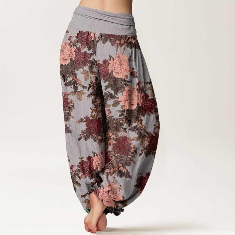 Nimara Ritual Cotton Casual Lush Peony Flowers Leaf Pattern Women's Elastic Waist Harem Pants