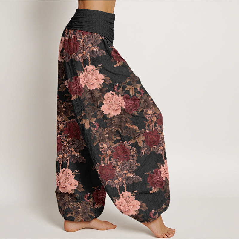 Nimara Ritual Cotton Casual Lush Peony Flowers Leaf Pattern Women's Elastic Waist Harem Pants