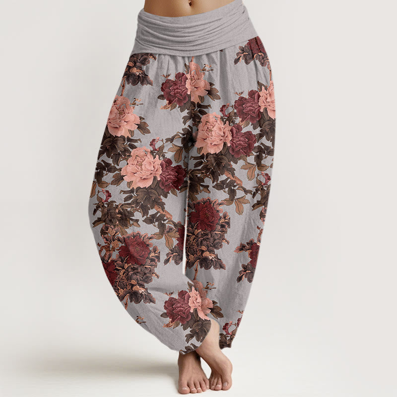 Nimara Ritual Cotton Casual Lush Peony Flowers Leaf Pattern Women's Elastic Waist Harem Pants