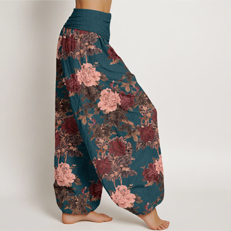 Nimara Ritual Cotton Casual Lush Peony Flowers Leaf Pattern Women's Elastic Waist Harem Pants