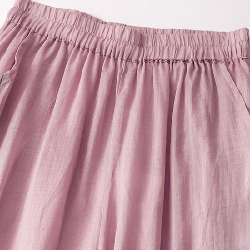 Nimara Ritual Summer Embroidery Double Layer Cotton Linen Women's Wide Leg Pants With Pockets