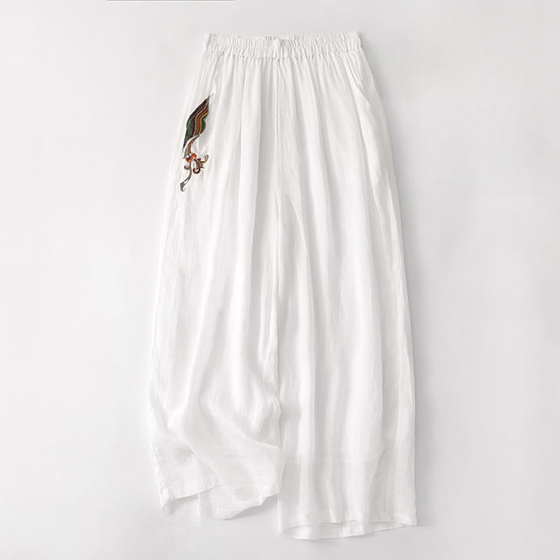 Nimara Ritual Summer Embroidery Double Layer Cotton Linen Women's Wide Leg Pants With Pockets