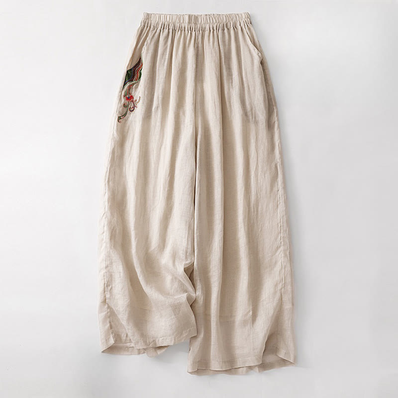 Nimara Ritual Summer Embroidery Double Layer Cotton Linen Women's Wide Leg Pants With Pockets