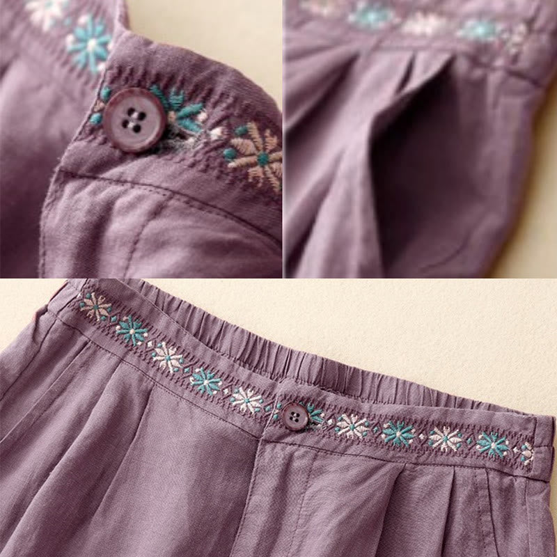 Nimara Ritual Summer Casual Embroidery Flower Pleated Zipper Button Polyester Women's Shorts With Pockets