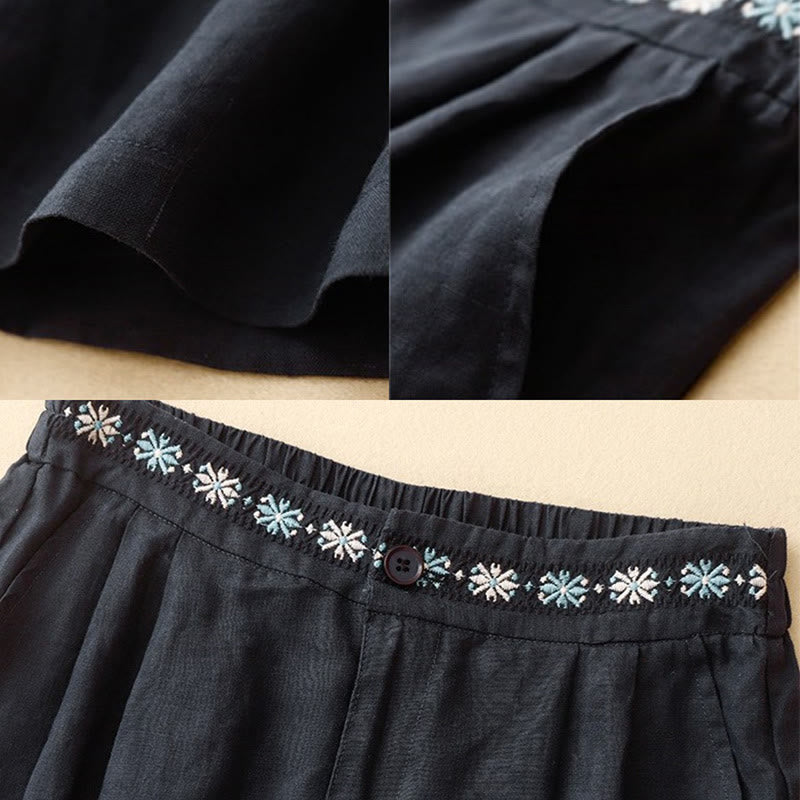 Nimara Ritual Summer Casual Embroidery Flower Pleated Zipper Button Polyester Women's Shorts With Pockets