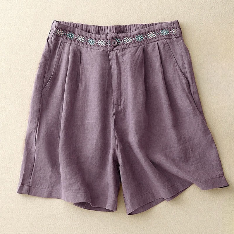 Nimara Ritual Summer Casual Embroidery Flower Pleated Zipper Button Polyester Women's Shorts With Pockets