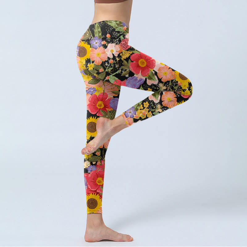 Nimara Ritual Sunflowers Pink Purple Flowers Print Sports Fitness Leggings Women's Yoga Pants