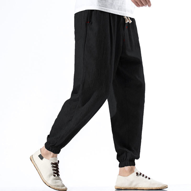 Nimara Ritual Casual Solid Color Drawstring Linen Men's Pants With Pockets