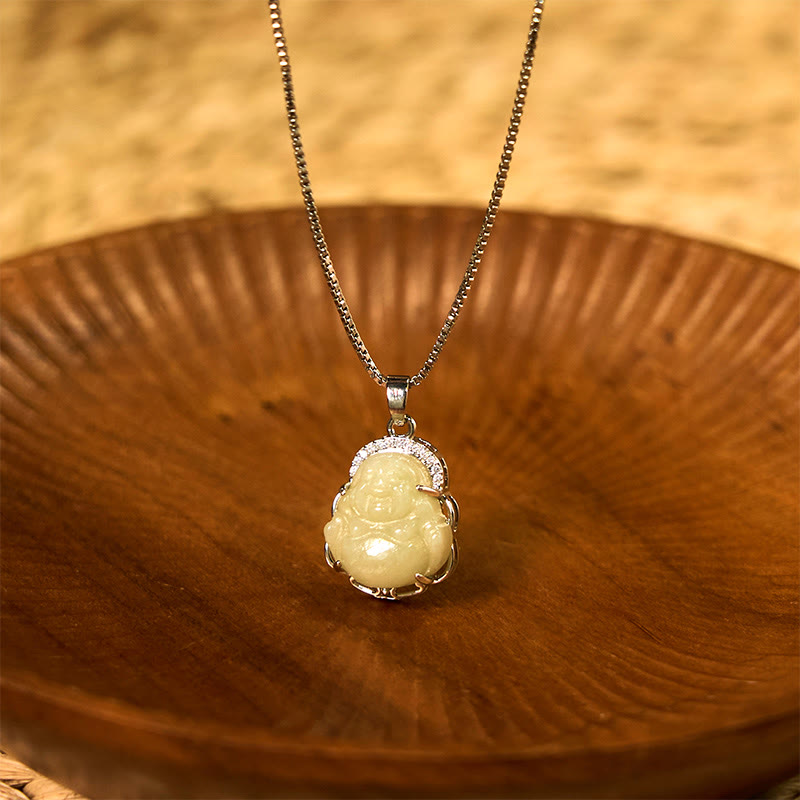 Nimara Ritual Natural Hetian Jade Laughing Buddha Abundance Necklace Pendant