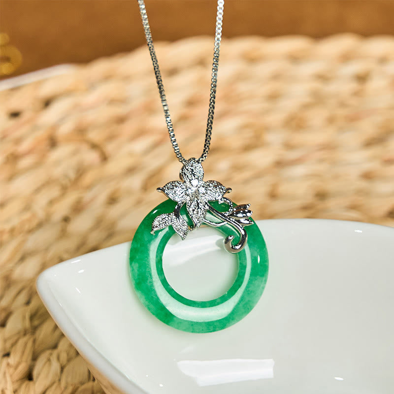 Nimara Ritual Cyan Jade Peace Buckle Alloy Flower Healing Luck Necklace Pendant