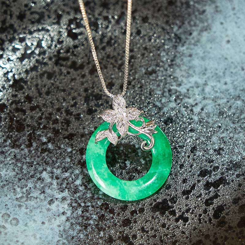 Nimara Ritual Cyan Jade Peace Buckle Alloy Flower Healing Luck Necklace Pendant