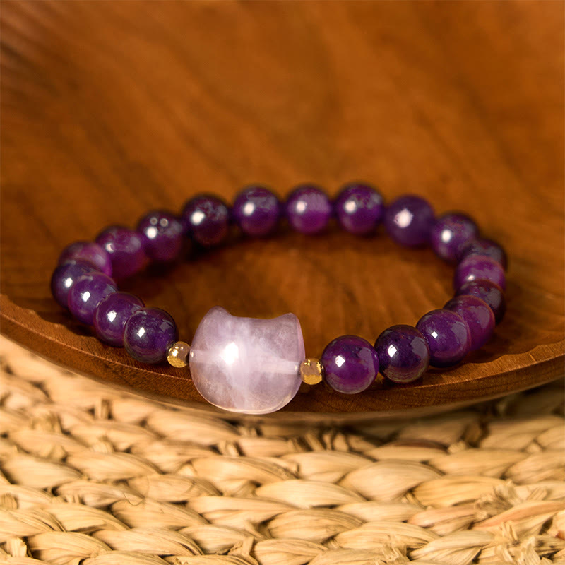 Nimara Ritual Amethyst Green Aventurine Rose Quartz Fluorite Cat Head Balance Luck Bracelet