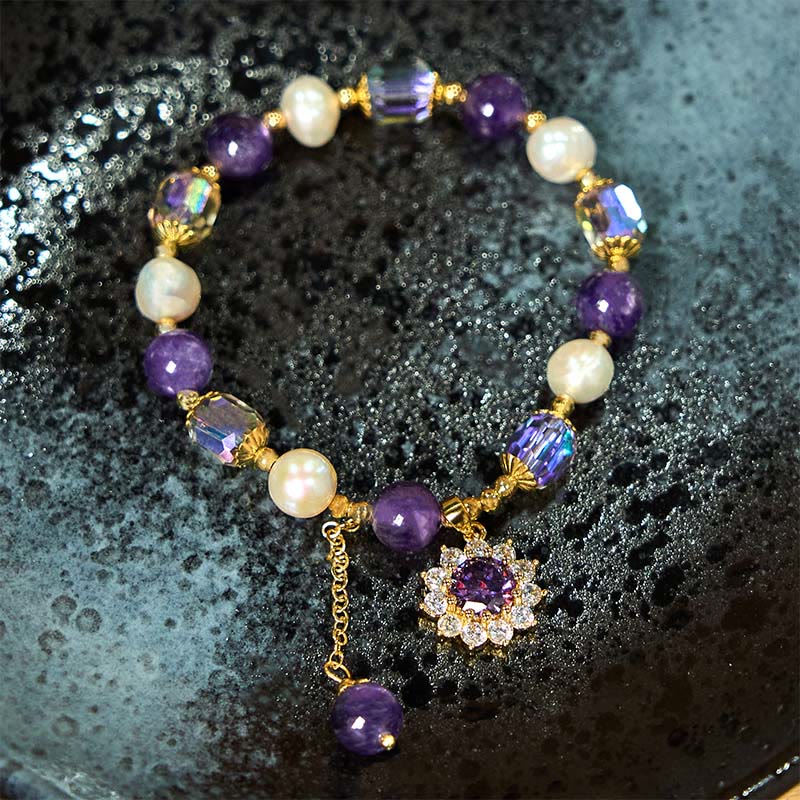 Nimara Ritual Natural Amethyst Pearl Sunflower Communication Bracelet