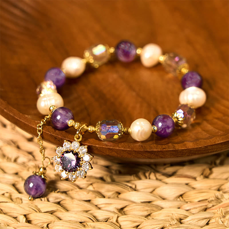 Nimara Ritual Natural Amethyst Pearl Sunflower Communication Bracelet