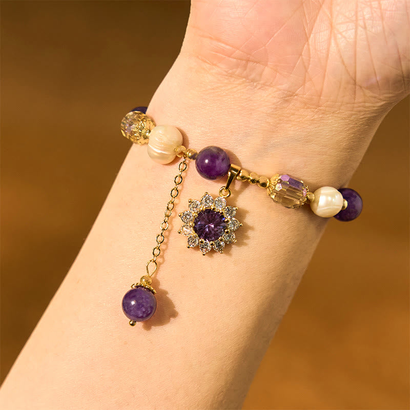 Nimara Ritual Natural Amethyst Pearl Sunflower Communication Bracelet
