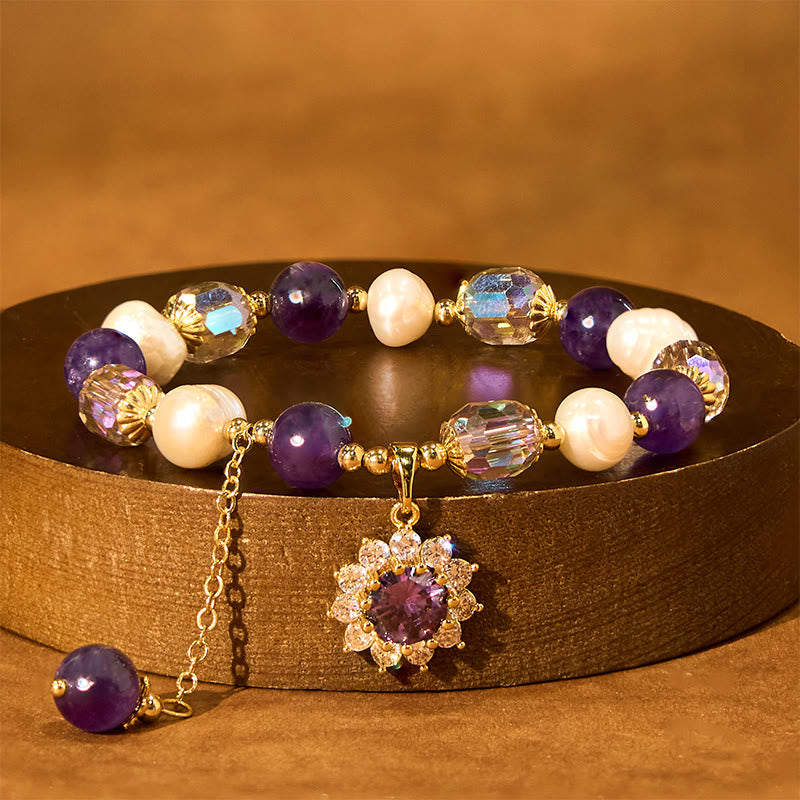 Nimara Ritual Natural Amethyst Pearl Sunflower Communication Bracelet
