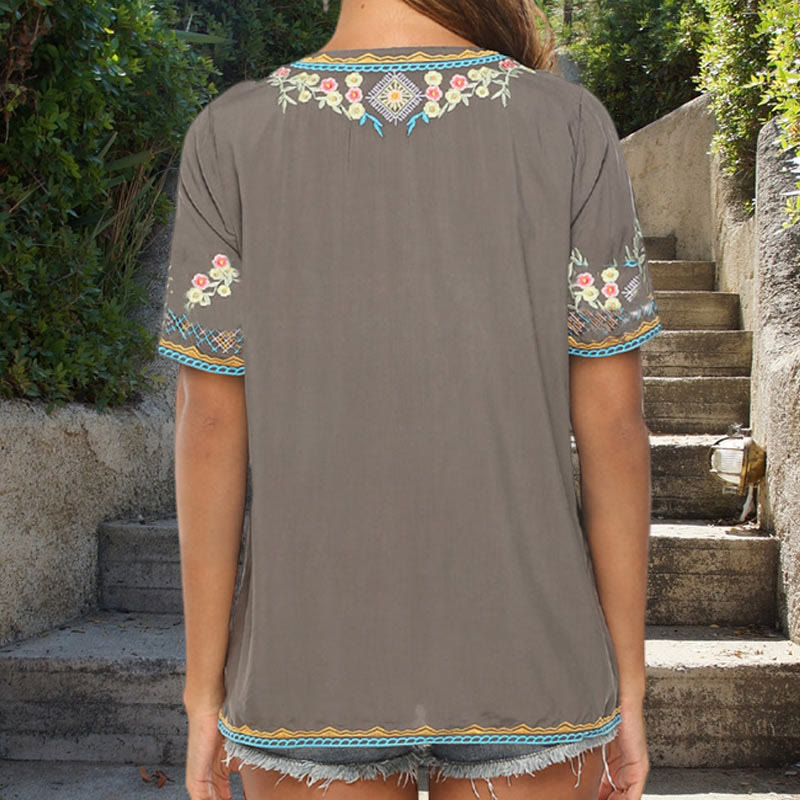 Nimara Ritual Embroidery Flower Design Short Sleeve V-neck Women's T-Shirt